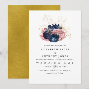 Marineblauw, Roze en Goud  Roos Bruiloft Kaart