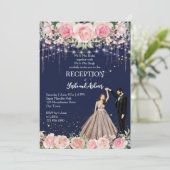 marineblauw roze glitter dansende paren receptie kaart (Staand voorkant)