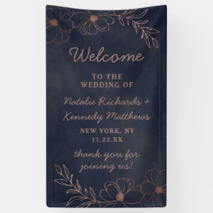 Marineblauw & Roze Goud Folie Bloem Bruiloft Welko Spandoek