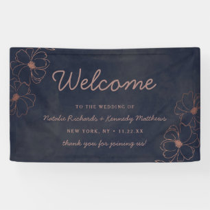 Marineblauw & Roze Goud Folie Bloemrijke Trouwbegr Spandoek