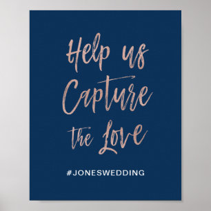 Marineblauw & Roze Goud Glam Chic Trouw Hashtag Bo Poster