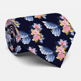 Marineblauw roze gouden Rozen vlinderpatroon Stropdas