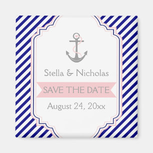 Marineblauw, roze nautische bruiloft Save the Date Magneet