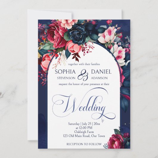 Marineblauw roze rozen bruiloft moderne boog kaart (Voorkant)