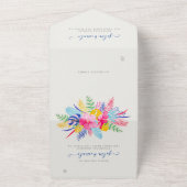 Marineblauw roze wild regenwoud Evergreen bruiloft All In One Uitnodiging (Buitenkant)