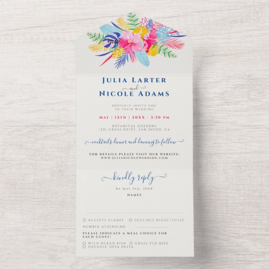 Marineblauw roze wild regenwoud Evergreen bruiloft All In One Uitnodiging (Binnen)