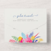 Marineblauw roze wild regenwoud Evergreen bruiloft All In One Uitnodiging (Achterkant)