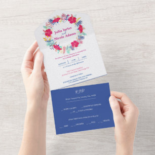 Marineblauw roze wild regenwoud Evergreen bruiloft All In One Uitnodiging