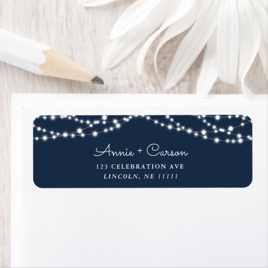 Marineblauw rustiek String Licht Retouradres Label (Insitu)