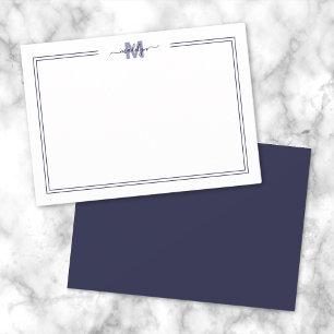 Marineblauw Schrift Twee Rand Monogram Notitiekaartje