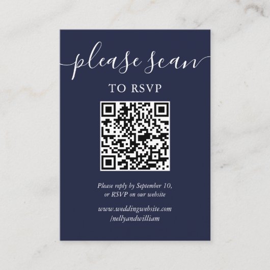 Marineblauw Script Bruiloft RSVP QR Code Informatiekaartje (Voorkant)