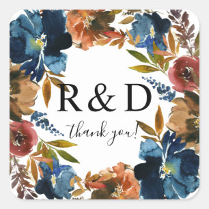 Marineblauw, Sinaasappel & bruin bloemmonogram Vierkante Sticker