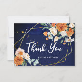 Marineblauw sinaasappel wit rozen bruiloft bedankkaart (Voorkant)