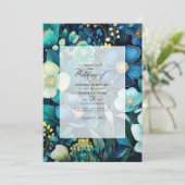 Marineblauw, Smaragdgroen en Zilveren Bloemenbruil Kaart (Staand voorkant)