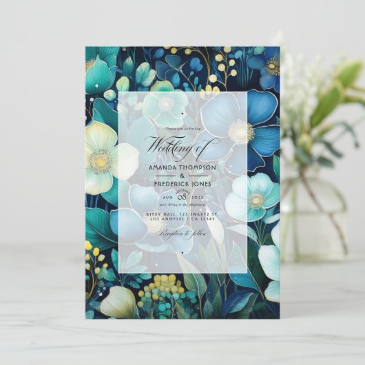 Marineblauw, Smaragdgroen en Zilveren Bloemenbruil Kaart (Staand voorkant)