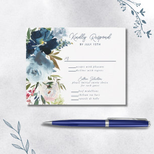Marineblauw & Stofblauw Elegante Bloemige Waterver RSVP Kaartje