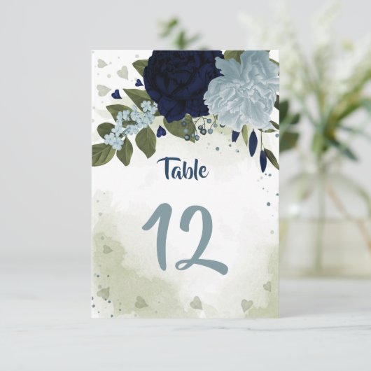 marineblauw & stoffig blauwe bloemen groen tafelnu kaart (Staand voorkant)