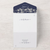 Marineblauw String Lights Modern Script Bruiloft All In One Uitnodiging (Buitenkant)