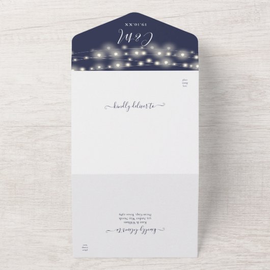 Marineblauw String Lights Modern Script Bruiloft All In One Uitnodiging (Buitenkant)