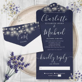 Marineblauw String Lights Modern Script Bruiloft All In One Uitnodiging