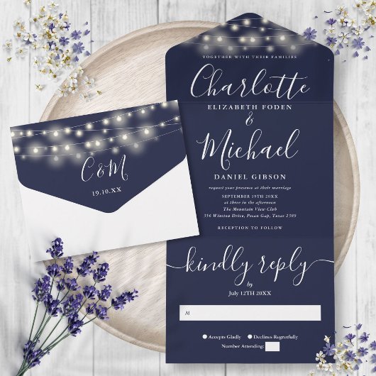 Marineblauw String Lights Modern Script Bruiloft All In One Uitnodiging