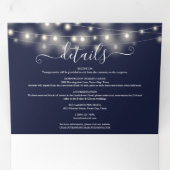 Marineblauw String Lights Script Monogram Bruiloft Drieluik Uitnodiging (Binnenzijde eerst)