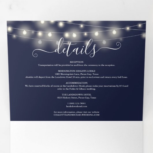 Marineblauw String Lights Script Monogram Bruiloft Drieluik Uitnodiging (Binnenzijde eerst)