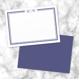 Marineblauw Twee Randen Minimalistische Monogram Notitiekaartje