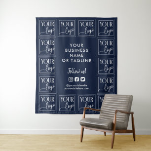 Marineblauw uw logo en sociale media achtergrond wandkleed