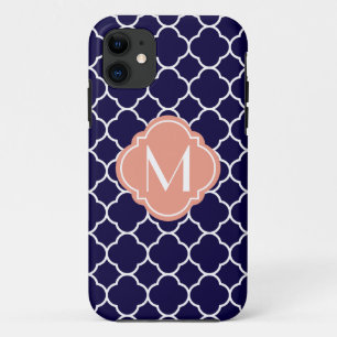 Marineblauw Vierblad Motief met Monogram iPhone 11 Hoesje