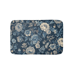 Marineblauw Vintage Bloem Botanisch Patroon Badmat
