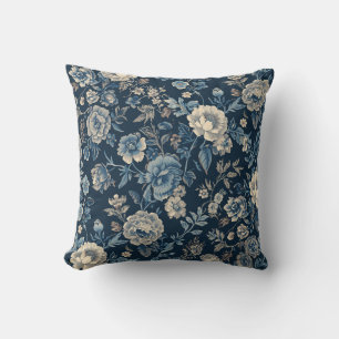 Marineblauw Vintage Bloem Botanisch Patroon Kussen