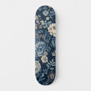 Marineblauw Vintage Bloem Botanisch Patroon Skateboard