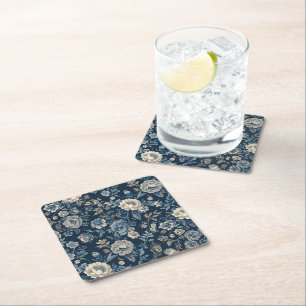 Marineblauw Vintage Bloem Botanisch Patroon Vierkante Kartonnen Onderzetter