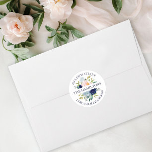 Marineblauw Waterverf Bloem Motief Retouradres Ronde Sticker