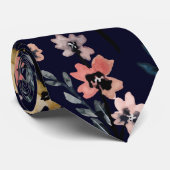 Marineblauw Waterverf Botanisch Bloemenpatroon Stropdas (Opgerold)