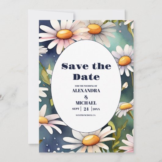 Marineblauw Waterverf Daisy Bruiloft Save The Date (Voorkant)