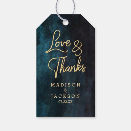 Marineblauw Waterverf & Goud Bruiloft Liefde & Bed Cadeaulabel (Voorkant)