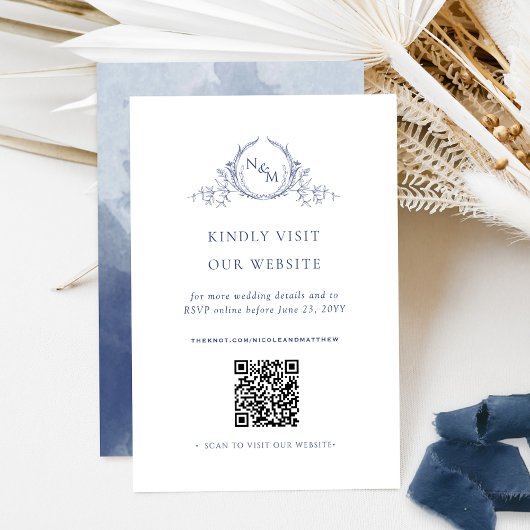 Marineblauw Waterverf Monogram QR Code /RSVP Onlin Informatiekaartje