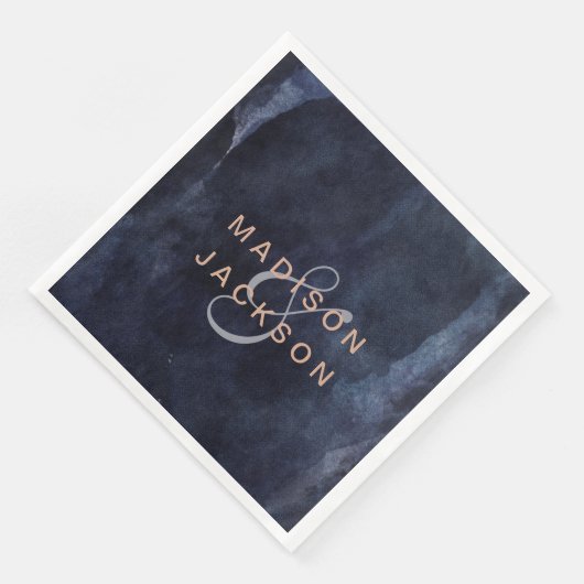 Marineblauw Waterverf & Roos Gouden Bruiloft Monog Servetten (Hoek)