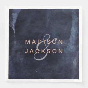 Marineblauw Waterverf & Roos Gouden Bruiloft Monog Servetten