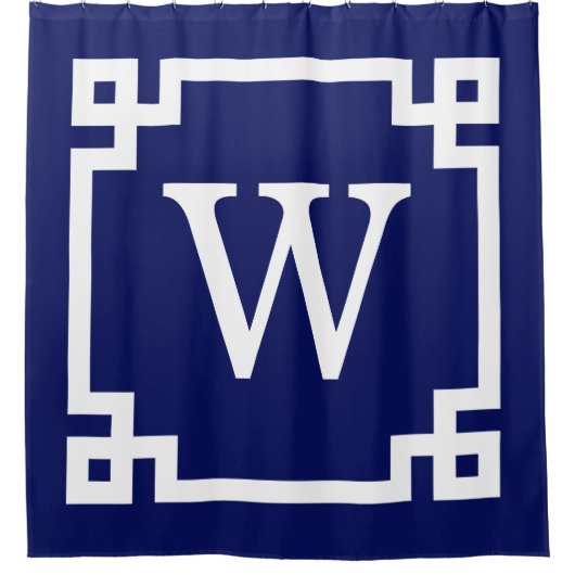 Marineblauw Wht Grieks Sleutel #2 Ingelijste Initi Douchegordijn (Voorkant)