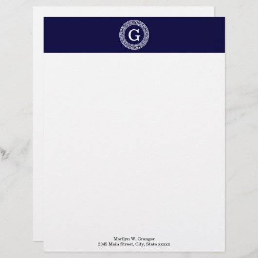 Marineblauw Wht Grieks Sleutel RND Lijst Initiaal  Briefhoofd Ontwerp (Voorkant / Achterkant)