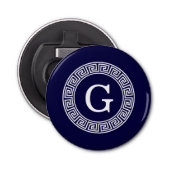 Marineblauw Wht Grieks Sleutel RND Lijst Initiaal  Button Flesopener (Voorkant)