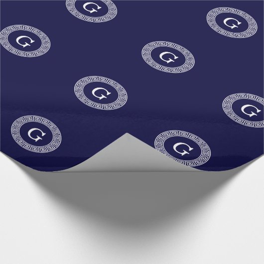 Marineblauw Wht Grieks Sleutel RND Lijst Initiaal  Cadeaupapier (Hoek)