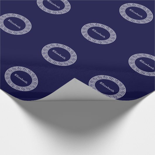 Marineblauw Wht Grieks Sleutel RND Lijst Initiaal  Cadeaupapier (Hoek)