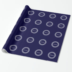 Marineblauw Wht Grieks Sleutel RND Lijst Initiaal Cadeaupapier