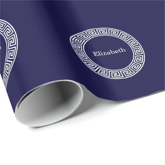 Marineblauw Wht Grieks Sleutel RND Lijst Initiaal  Cadeaupapier (Rol Hoek)