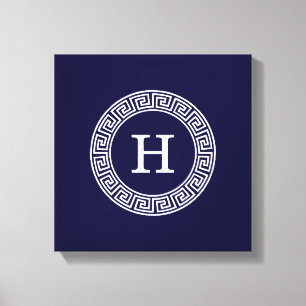 Marineblauw Wht Grieks Sleutel RND Lijst Initiaal Canvas Afdruk