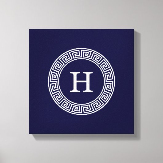 Marineblauw Wht Grieks Sleutel RND Lijst Initiaal  Canvas Afdruk (Voorkant)